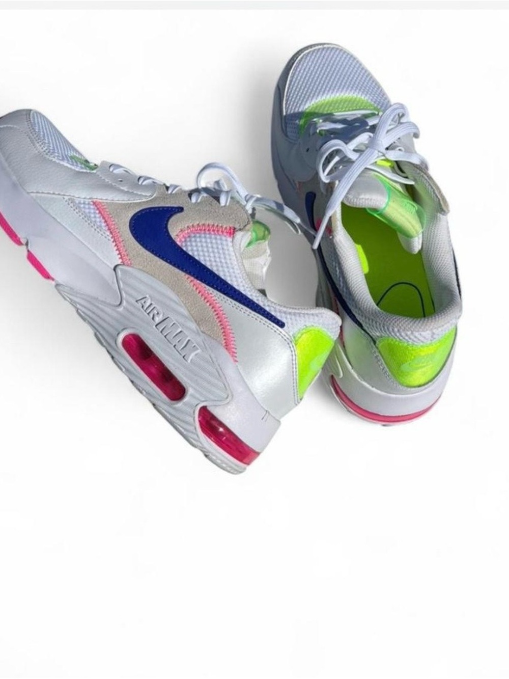 Nike White Sneakers with Blue Swoosh and Neon Green & Pink Accents